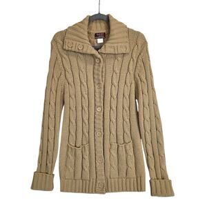 Vintage Camel Chunky Knit Cardigan Sweater Sz M Mid Length Button Neutral Basic